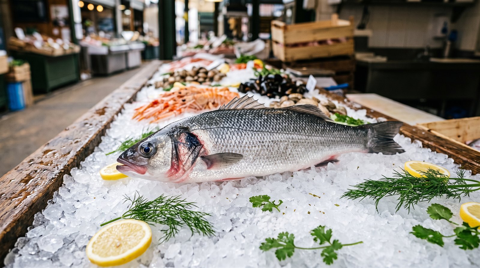 Peixes inteiros sobre gelo picado em balcão de peixaria — imagem ilustrativa