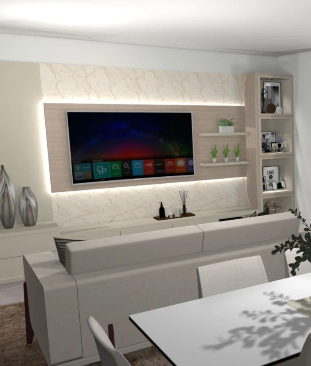 Projeto 3D de sala com painel de TV, estante lateral e aparador