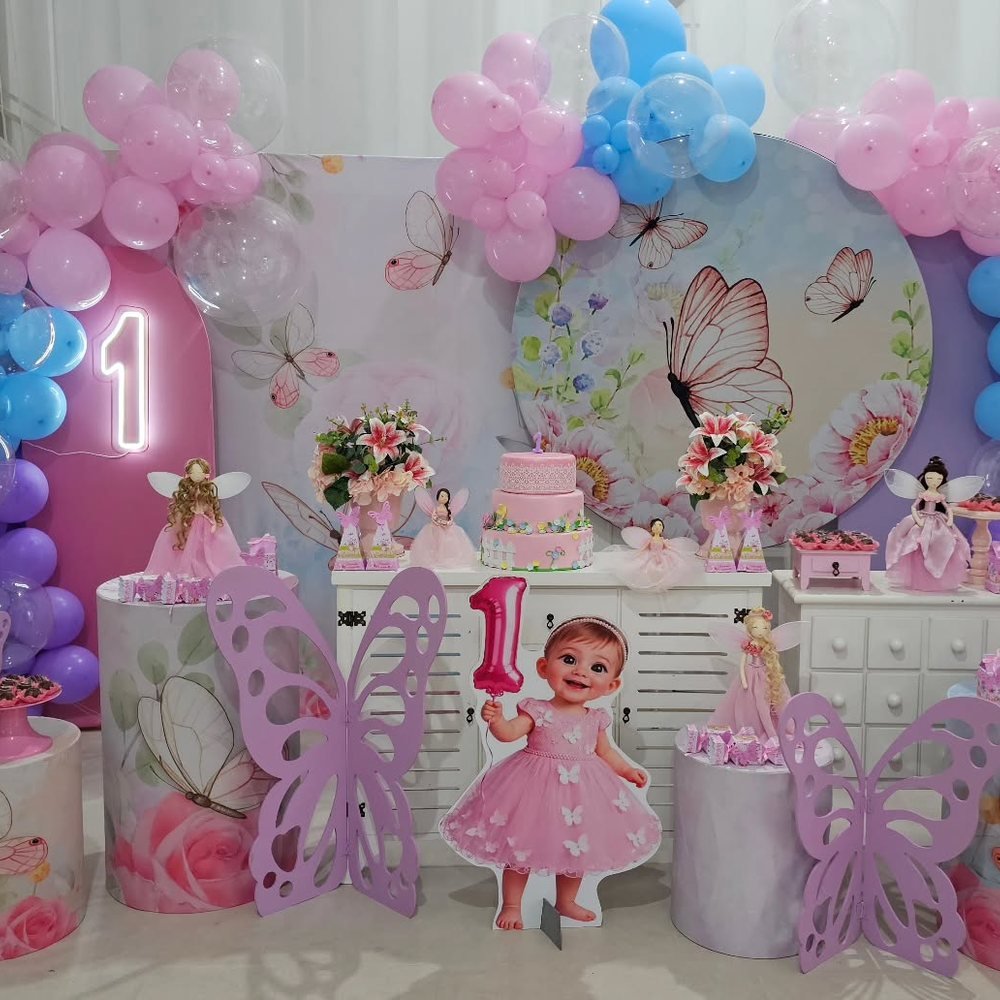 Decoração de festa tema borboletas e bailarina em tons de lilás e rosa