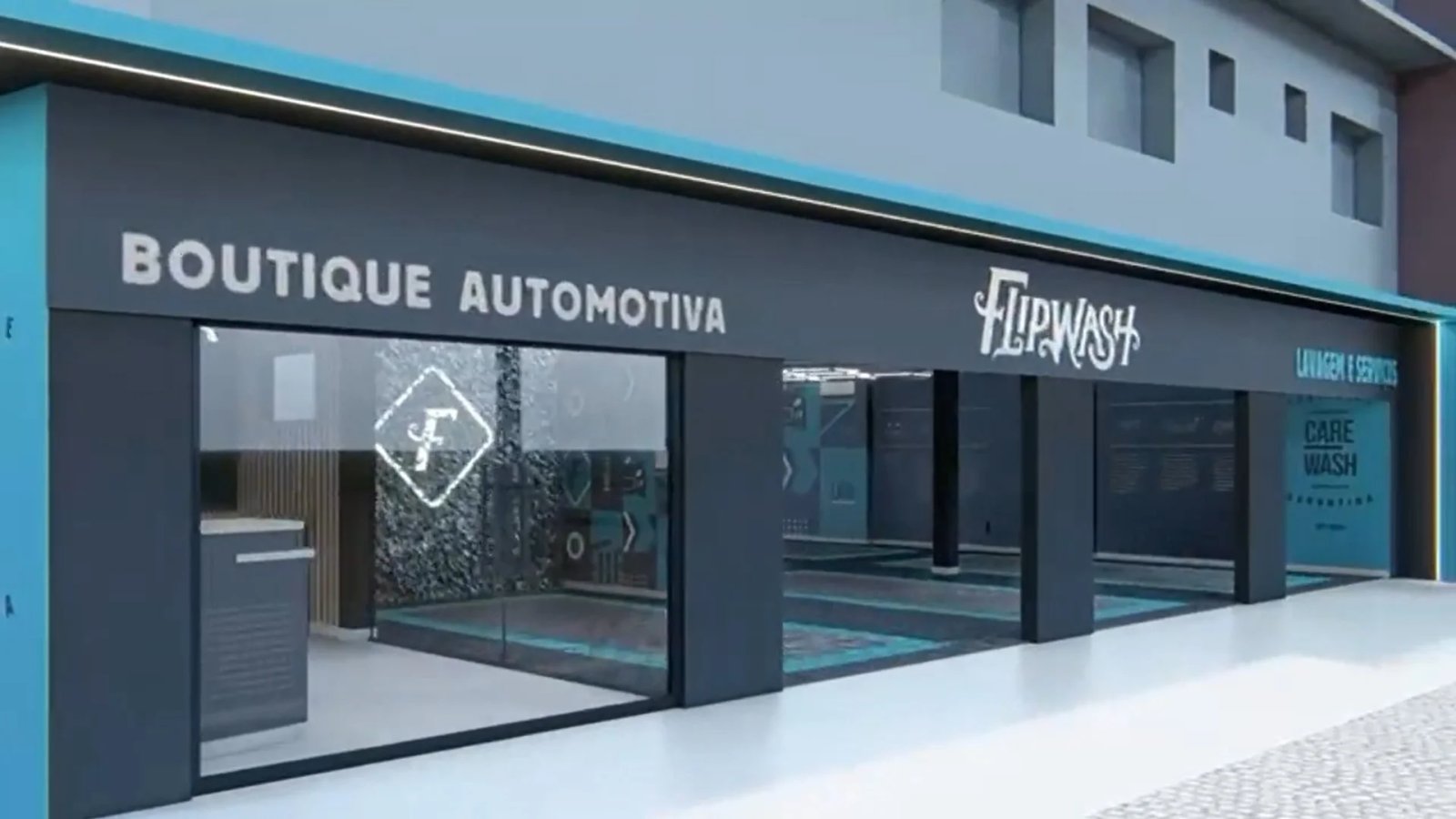 Fachada de uma unidade FlipWash com a assinatura Boutique Automotiva.