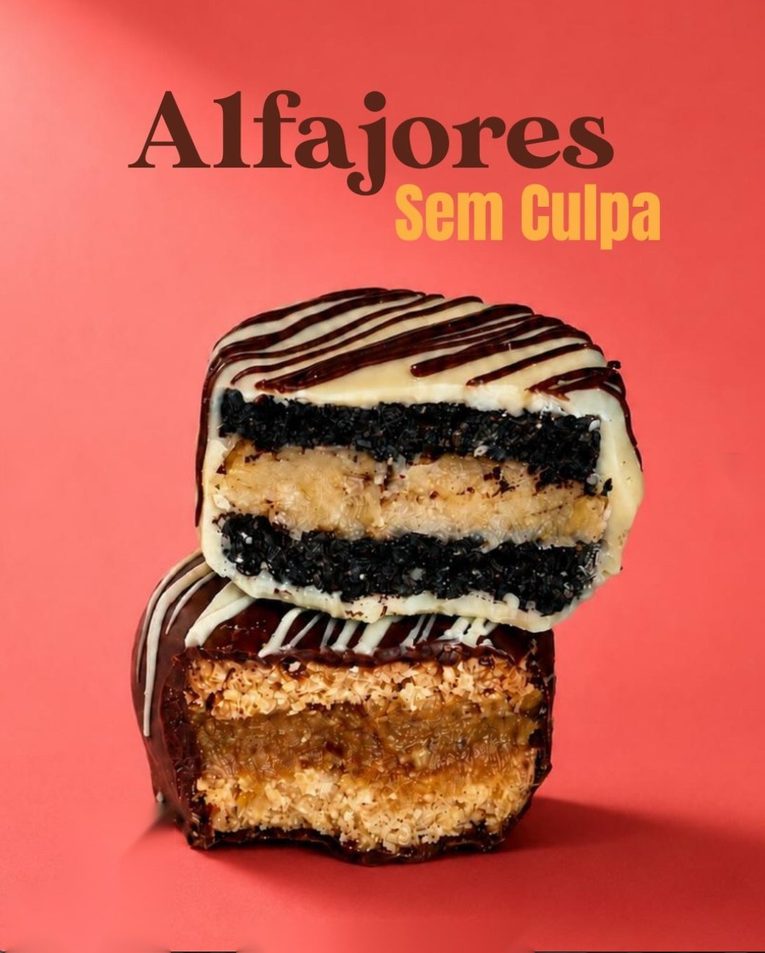 Alfajores Sem Culpa partidos ao meio, mostrando o recheio
