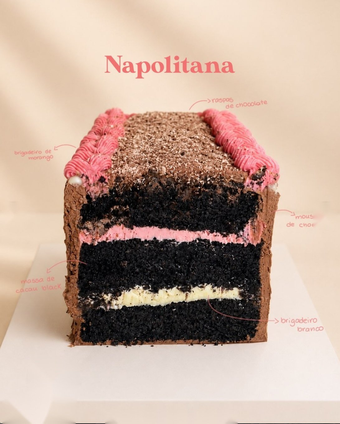 Fatia da torta Napolitana, com as camadas identificadas