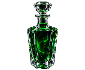 A faceted crystal decanter of deep emerald pigment