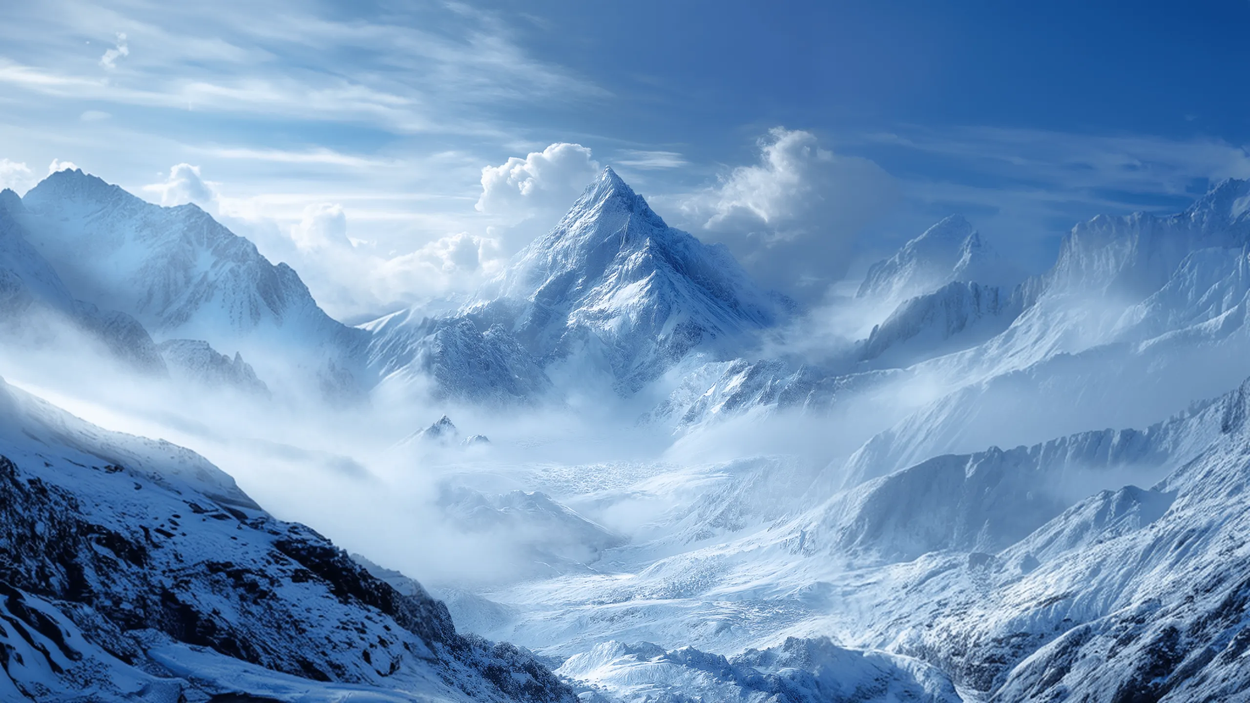 Snow-covered peaks rising above a sea of clouds
