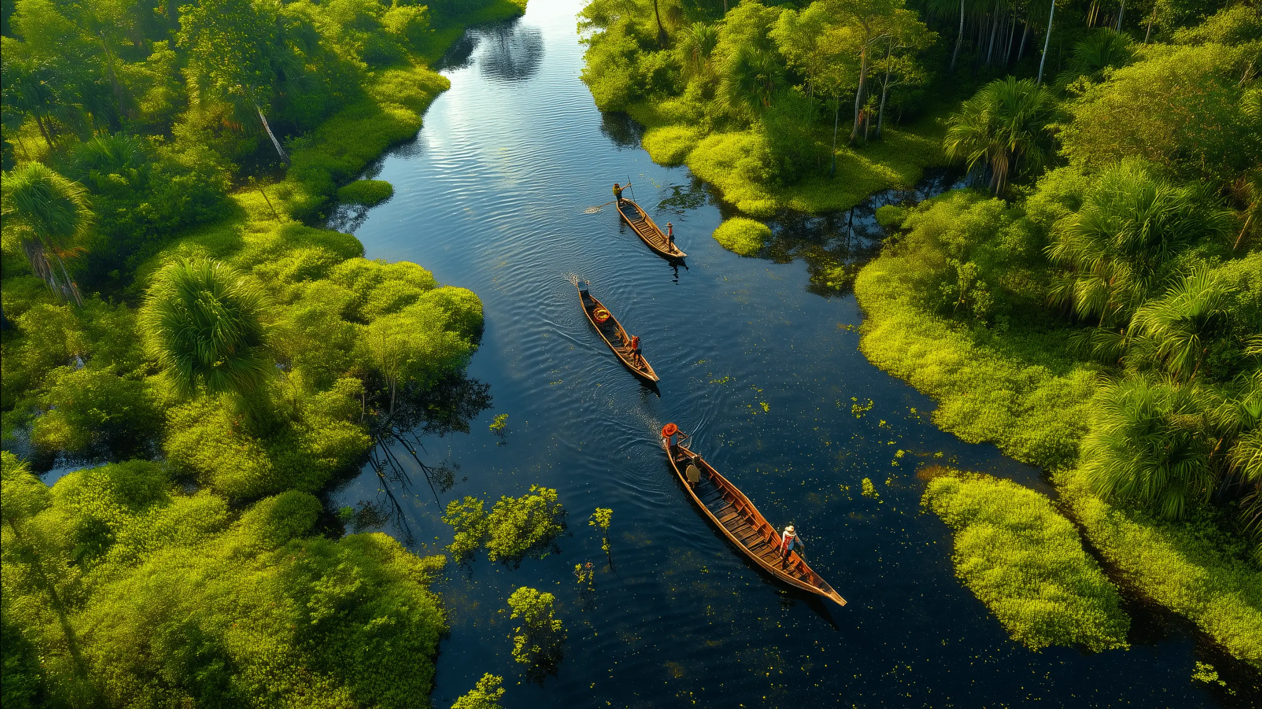 Aerial view of wooden canoes on a dark river through the rainforest
