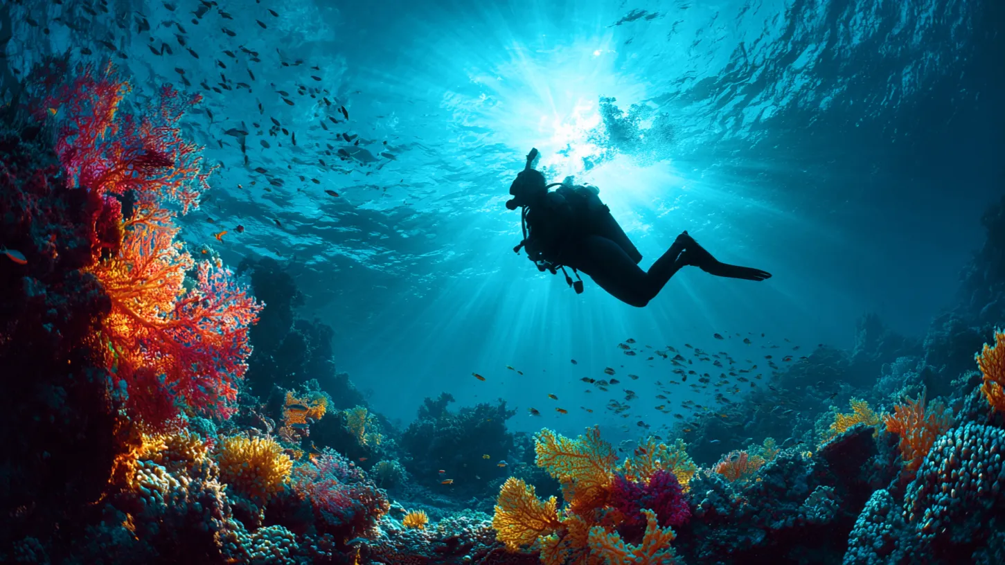 A diver swimming above a coral reef under rays of sunlight