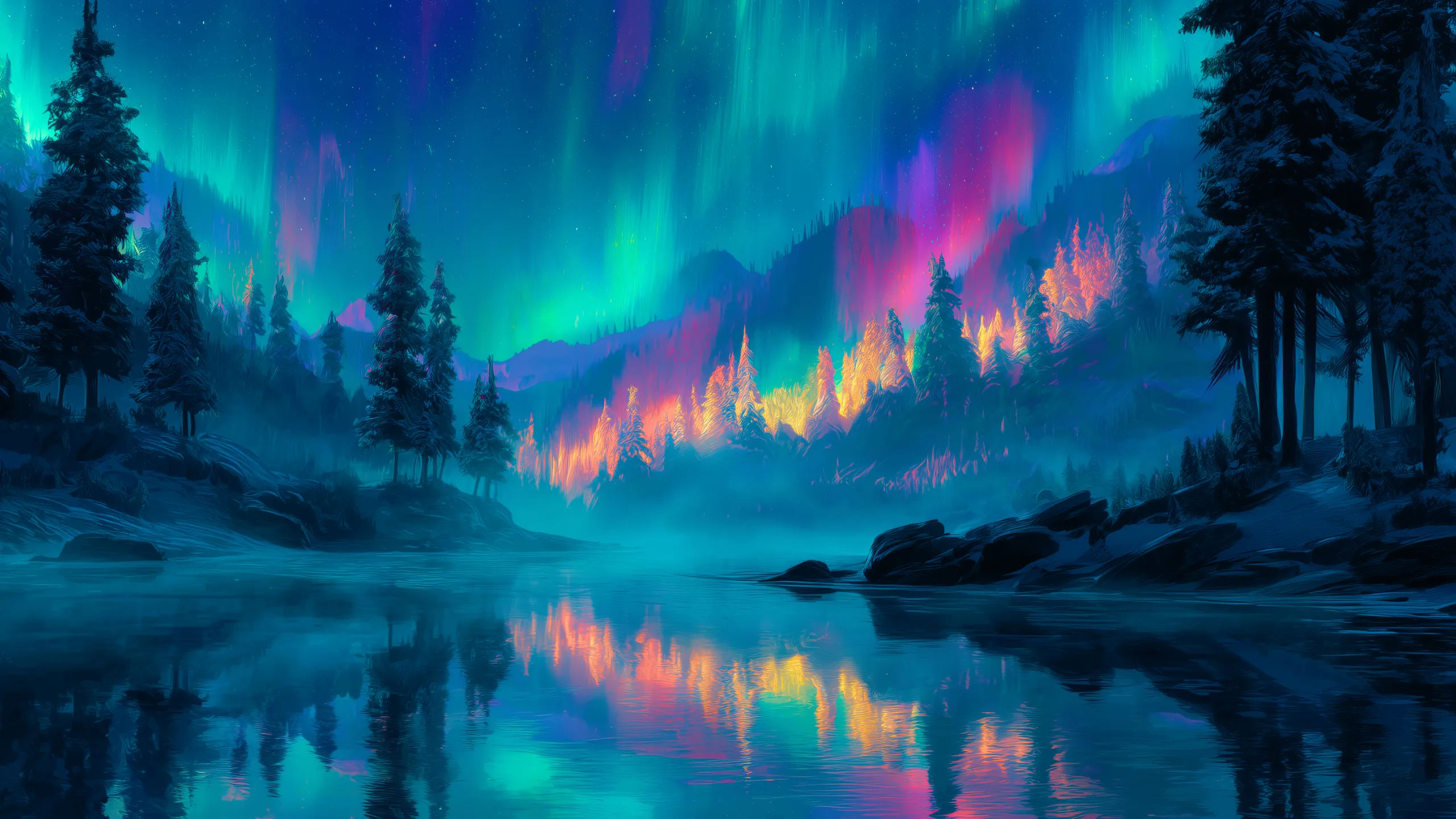 Northern lights over a frozen forest reflected in a still lake
